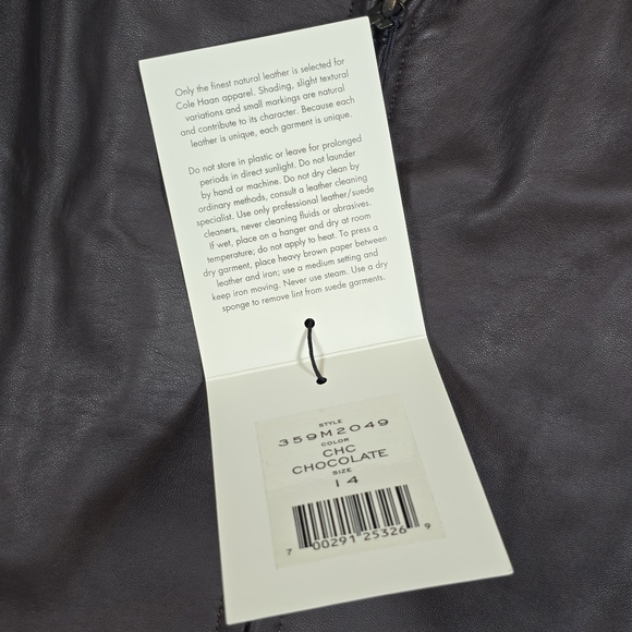 Cole Haan 100% Lambskin Leather Wing Collar Zip Jacket Chocolate Women Sz 14 NWT - Picture 7 of 9